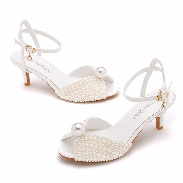 Women's Shoes 6cm fish mouth high heel sandals shallow buckle large size round toe high heels hollow fish mouth satin pearl sandals_vogvips.com