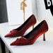 9557-2 European And American Sexy Party High-heeled Shoes With Gold Silk Satin, Pearl Bow, Twisted Design, Pointed Toe,_vogvips.com