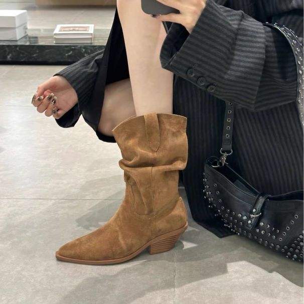 Cowhide Version ~ New Pointed Toe Western Cowboy Short Genuine Leather Chunky Heel Pull-On Slouch Martin Boots_vogvips.com