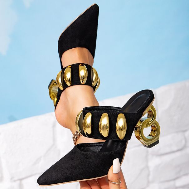 Black High-heeled Sandals, Women's Shoes With Irregular Gold Buckle Decoration, Party Fashion, Comfortable And Simple Sandals, Women's Shoes, Fashiona_vogvips.com