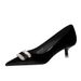 237-K76 European And American Style Banquet Mid Thin Heel Thickened Suede Shallow Mouth Pointed Toe Metal Rhinestone_vogvips.com