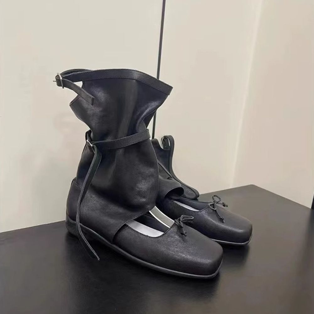 2024 Autumn Ballet Style Cool Round Toe Bowknot Single Shoes Hollow Flat Short Pleated Mid-Calf Slouch Boots For Women_vogvips.com