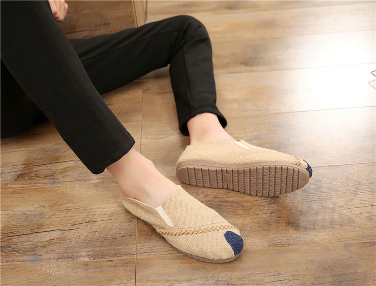 Men Hand Stitched Linen Slip On Loafers Breathable Non-Slip Casual Comfort Walking Shoes_vogvips.com