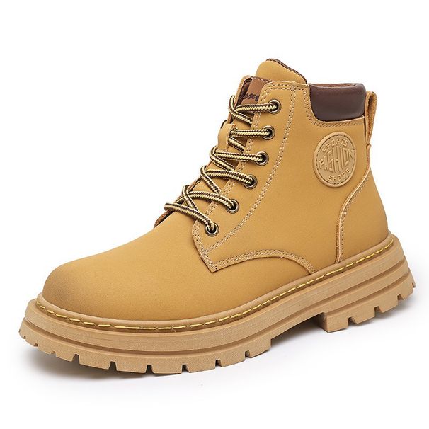 European Warm Series Couple Genuine Leather Yellow British Style Martin Unisex Autumn Winter Short Boots Trendy Thick Sole Men's Shoes_vogvips.com