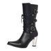 Women's Fashion Boots With Embroidery - Chunky Heel Mid-Calf Leather Boots For Fall/Winter - Side Zipper Closure, Pointed Toe, Black & Burgundy_vogvips.com