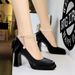 9982-H78TP French Small Fragrant Style Square Toe Waterproof Platform High Heels With Butterfly Bow, Pearl Chain,_vogvips.com