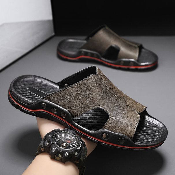 Men's Summer Trendy Slip And Anti Odor Slippers, Men's Cool Slippers Made Of Genuine Leather, Worn In A Straight Line_vogvips.com