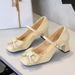 6295-H99 Women's Chunky Mid-Heel Mary Jane Shoes With Rhinestone Bow, Versatile Satin Strap, Square Toe_vogvips.com