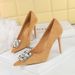 9511-K58 Banquet 's Heels Stiletto Suede Shallow Pointed Toe Square Rhinestone Buckle Ultra High Heel Single Shoes_vogvips.com