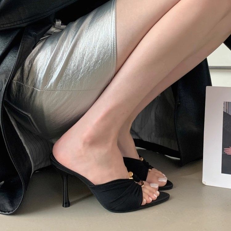 2025 Summer Fashion Open-toe Women's Shoes Queen Fan Pointed-toe Silk Sandals Temperament Metal Buckle High Heels Fashion Hundreds_vogvips.com