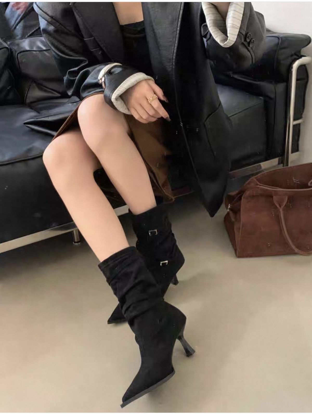 Women's Chic Pointed Toe Stiletto Heel Suede Ankle Boots With Buckle Strap For Elegant And Stylish Look Skinny Short Boots Women's Buckle Strap_vogvips.com