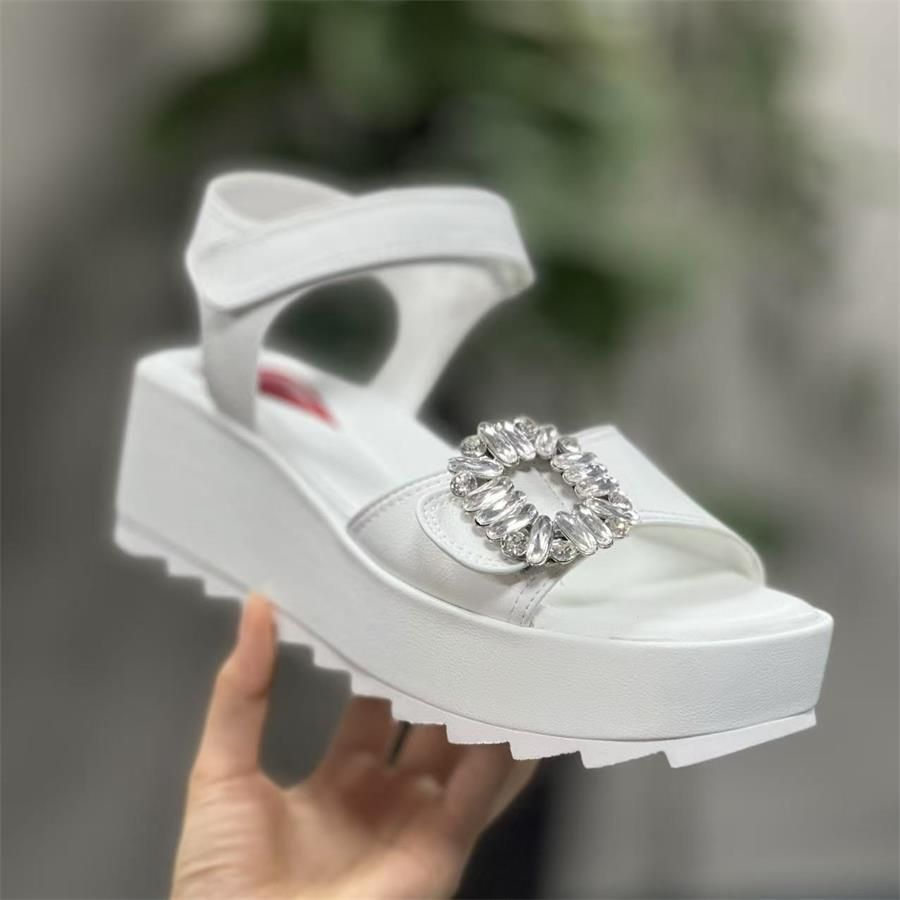 Women's Genuine Leather Platform Sandals With Velcro High-End Light Luxury Summer Rhinestone Wedge Heel Casual Shoes Height Increasing_vogvips.com
