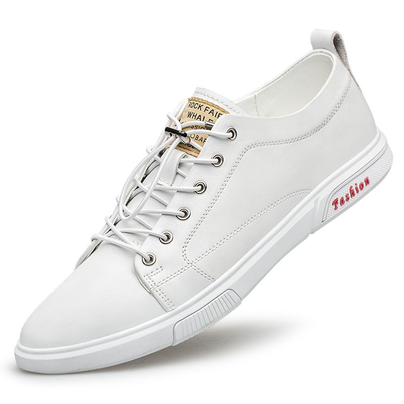 Shallow Mouth Round Head Irst Layer Cowhide Men's Board Shoes Ront Lace-up Lat Heel Casual Men's Shoes Small White Shoes_vogvips.com