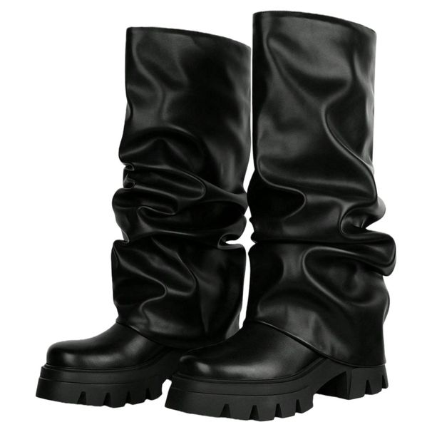 2026 Women's Metal Platform Boots Round Toe Thick Sole Knee High Boots Motorcycle Nightclub Cosplay Halloween Decorative Shoes For Women_vogvips.com