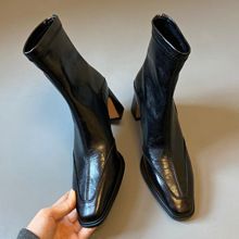 Cowhide Slimming New French Style Slim High Chunky Heel Short Genuine Leather Back Zipper Elastic Boots For Women_vogvips.com