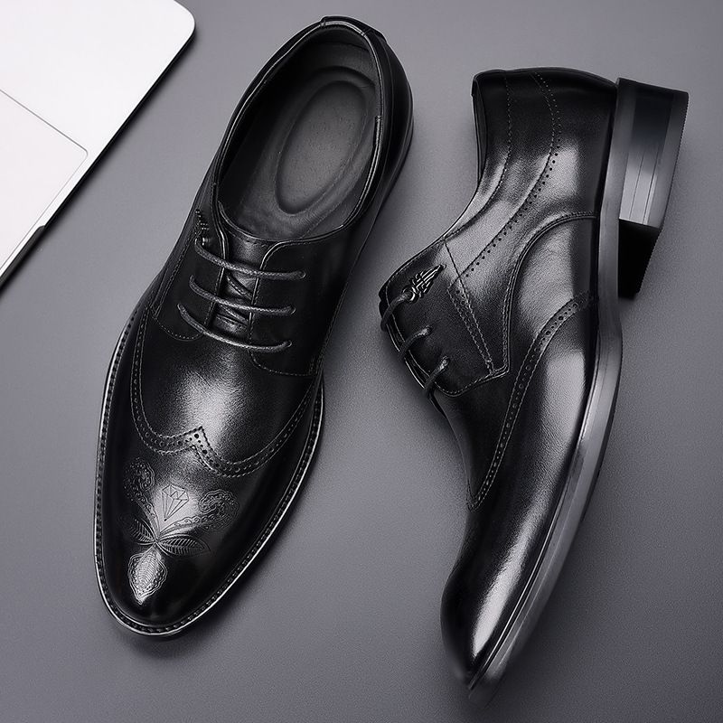 Blok Carved Trendy High-end New Formal Pointed Leather Black Business Wedding Shoes Men's Style_vogvips.com