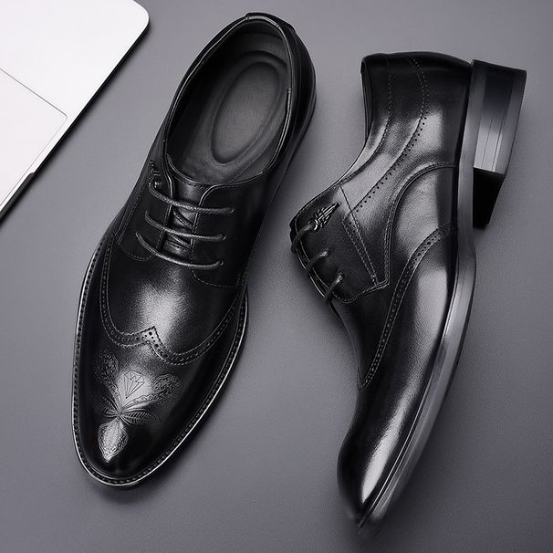 Blok Carved Trendy High-end New Formal Pointed Leather Black Business Wedding Shoes Men's Style_vogvips.com
