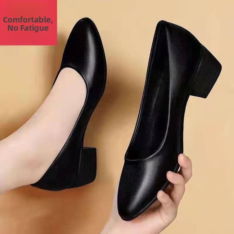Summer New Women's Pointed Toe Chunky Heel Slip-On Shoes Breathable Soft Sole Low Mouth Casual Commuter Ladies Footwear_vogvips.com