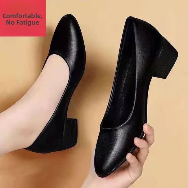 Summer New Women's Pointed Toe Chunky Heel Slip-On Shoes Breathable Soft Sole Low Mouth Casual Commuter Ladies Footwear_vogvips.com
