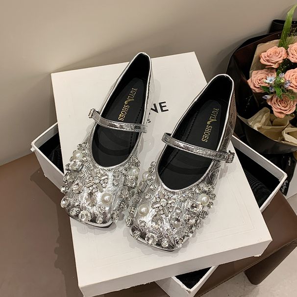 French Fashion Mary Jane Shoes Autumn Pearl Rhinestone Flat-soled Grandma Shoes Light Mouth Versatile Women's Single Shoes_vogvips.com