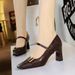 8293-1 European American Style Women's High-heeled Shoes With A Square Toe, Shallow Cut, Chunky Heel, And Metal Buckle_vogvips.com