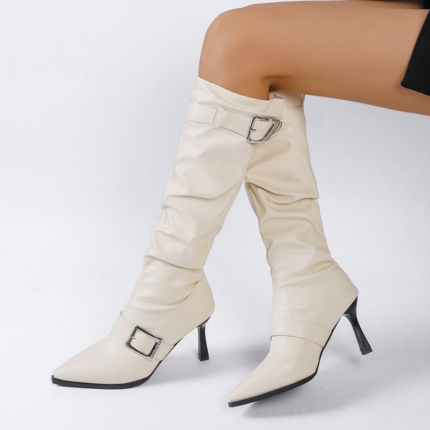 plus Size High Heeled Fashion Boots For Women European American Style Pleated High Top Pointed Toe Buckle Black PU Suede Autumn_vogvips.com