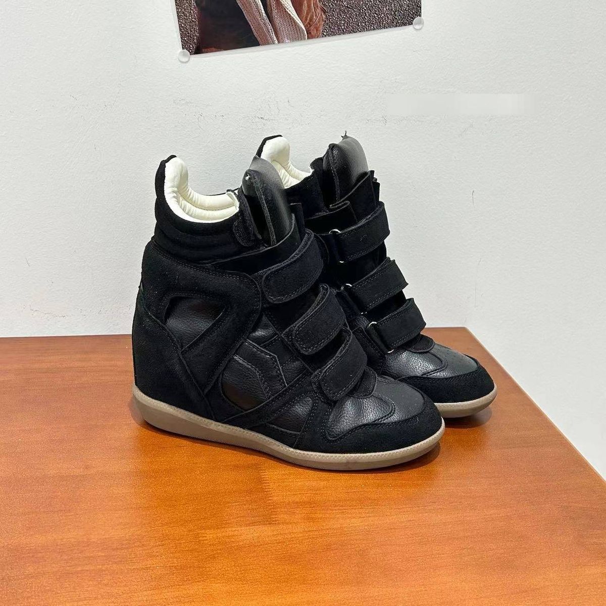 Women's High Top Round Toe Velcro Sneakers Color Block Casual Shoes Comfort Versatile PVC Upper With Height Increase Feature_vogvips.com