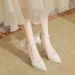 Women's Shoes Casual Business Wedding Party French Satin Apricot High Heels Stiletto Waterproof Platform Shoes Bow Pearl Strap Wedding Shoes_vogvips.com