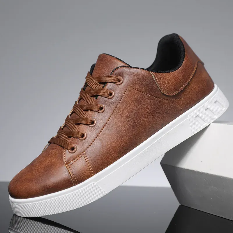 Classic Men Leather Shoes Thick-soled Casual Sneakers Trendy Lace-up Walking Shoes Spring Anti-slip Comfortable Vulcanized Shoes_vogvips.com