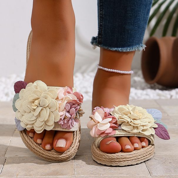 Women's Fashionable Summer Cloth Flower Three-Flower Outdoor Wear-Resistant Non-Slip Flat Beach Sandals Women's Flip-Flops_vogvips.com