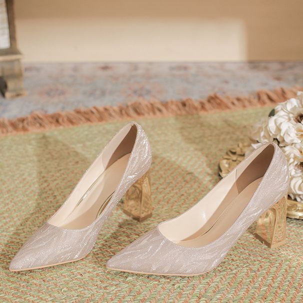 2026 Spring And Autumn New Style Pointed Toe High Heels For Women, Chunky Heel, Sequined, Fashionable, Versatile Shallow_vogvips.com