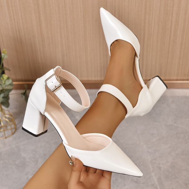 Fashionable Versatile Women's Shoes Summer Chunky Heel Buckle Pointed Toe Solid Color Comfortable Skirts Wear_vogvips.com