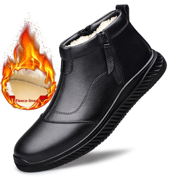 Cotton Shoes Men's Velvet Thickened Leather Waterproof Casual Shoes Men's High-top Elderly Shoes Snow Boots_vogvips.com