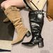 Women's Summer 2025 New Belt Buckle Pile Pointed Toe Chunky Heel Mid-Calf Slimming Over-the-Knee Long Boots_vogvips.com