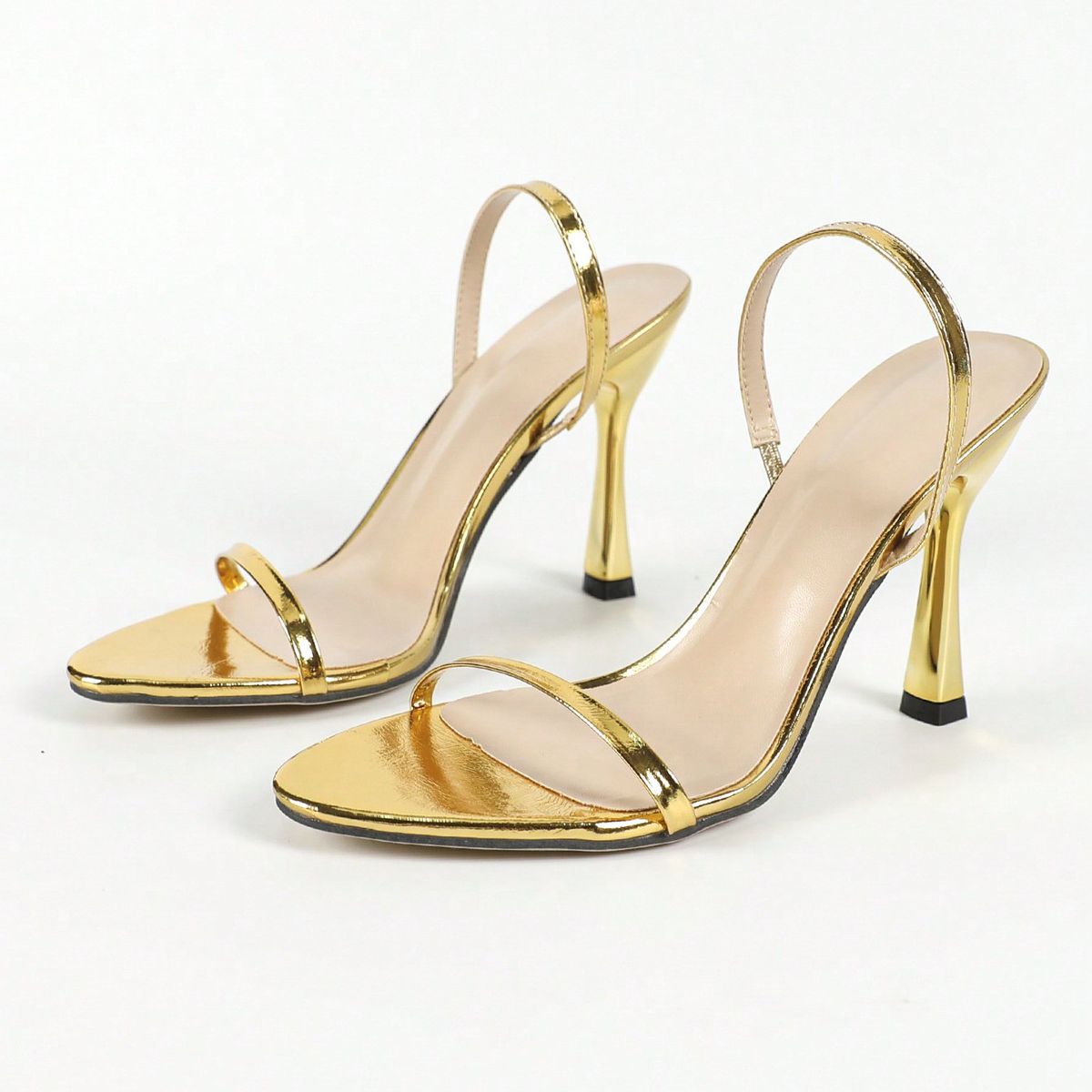 Women's High Heeled Sandals Gold Plated PU Leather Double Layer UV Electroplated Stiletto_vogvips.com