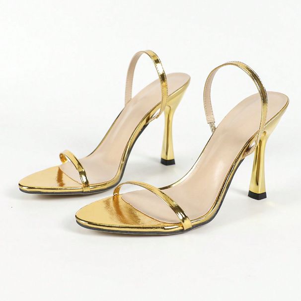 Women's High Heeled Sandals Gold Plated PU Leather Double Layer UV Electroplated Stiletto_vogvips.com