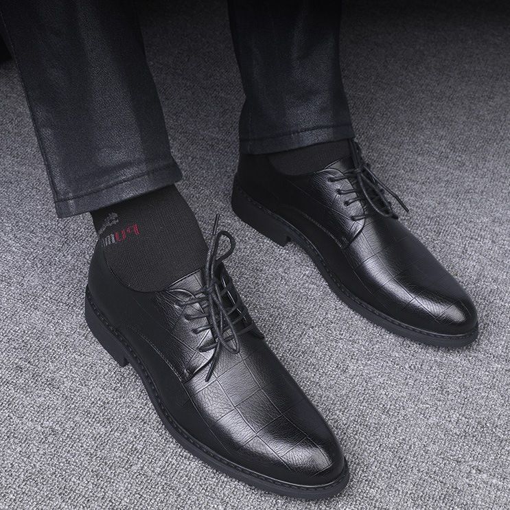 Classic Pointed Toe Dress Shoes With Hidden Wedge Heel For Business & Formal Occasions - Lightweight & Comfortable Oxford Style Lace-Up Shoes_vogvips.com