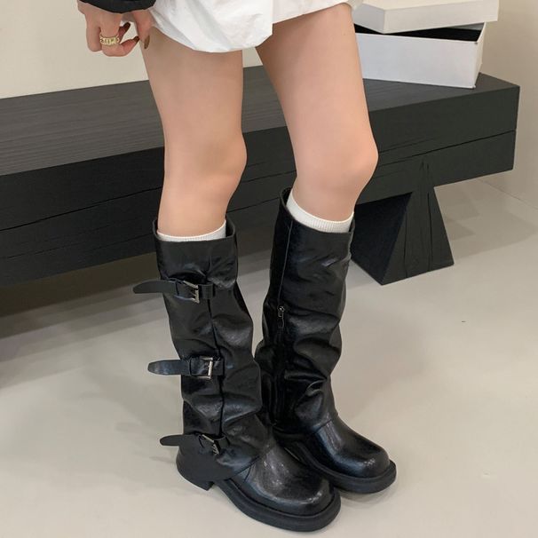 Women's Chunky Heel Side Zip Knee High Boots With Buckle Detail - Stackable Slim Fit Round Toe Winter Boots_vogvips.com