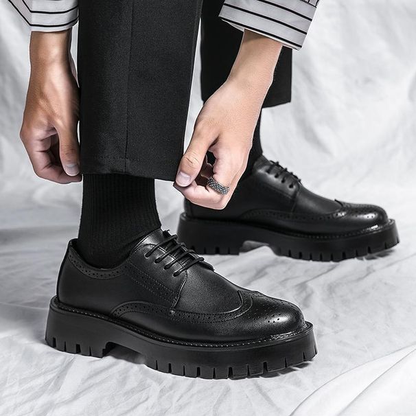 Men's Shoes Teenagers' Thick Soled Fashionable Men's Shoes, New Style Brogue Big Head Leather Shoes, Low Top Outdoor Lace Up Fashionable Casual Shoes_vogvips.com