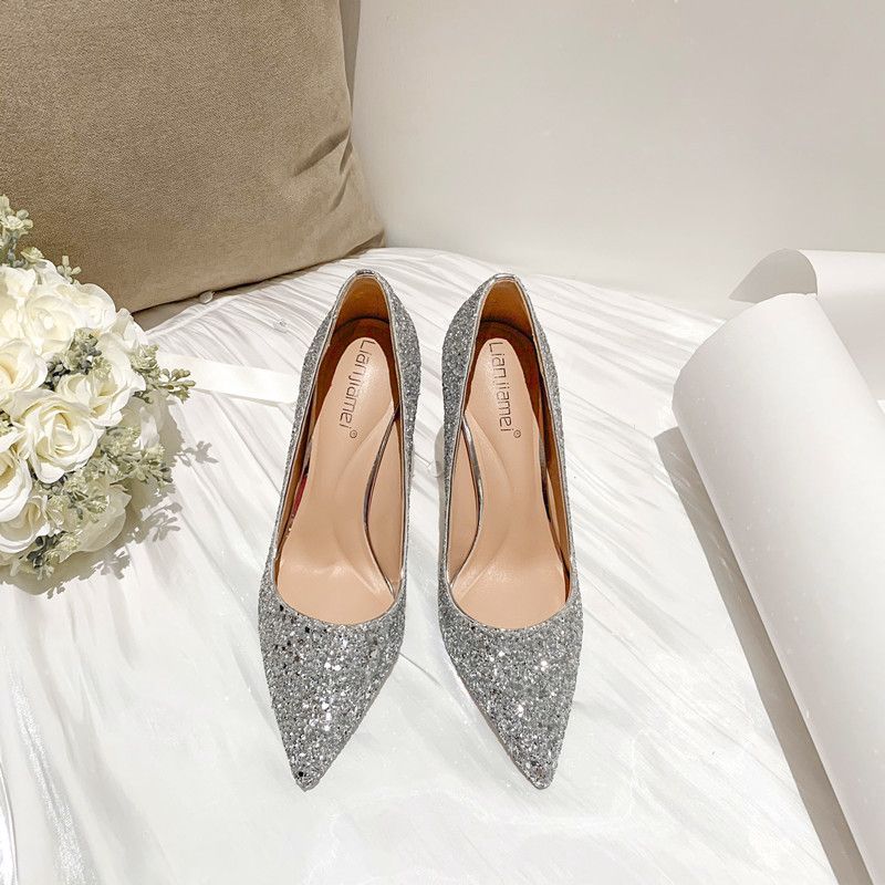 for Women Winter Bride Sequin Wedding Dress Two-Way Crystal Shoes 2025 New High Thin Heel Comfortable_vogvips.com