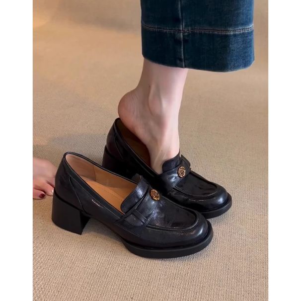 Black High Heels Loafers Female Spring New Small Leather With Thick Temperament Single Shoes_vogvips.com