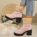 Winter Warm Plus Size Women's High Heeled Cotton Shoes Chunky Heel Platform Boots With Belt Buckle Fur Lined Toe_vogvips.com