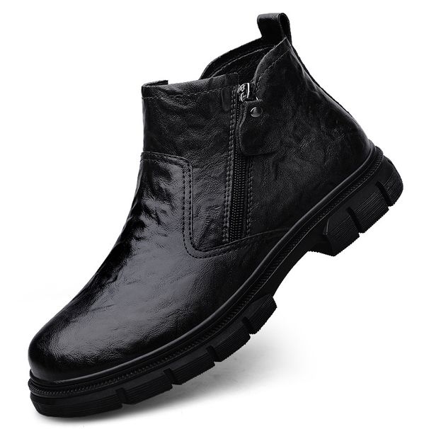 Men's Leather Boots Fleece High Top Leather Shoes Men's Locomotive Middle Help Tooling Short Boots_vogvips.com