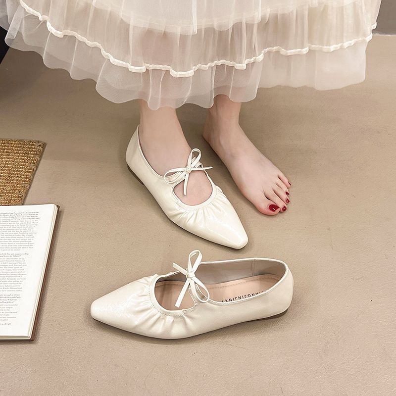 French Pleated Light Mouth Small Leather Shoes Women's Spring And Summer With Skirts Gentle Flat Shoes Bow Single Shoes Women_vogvips.com