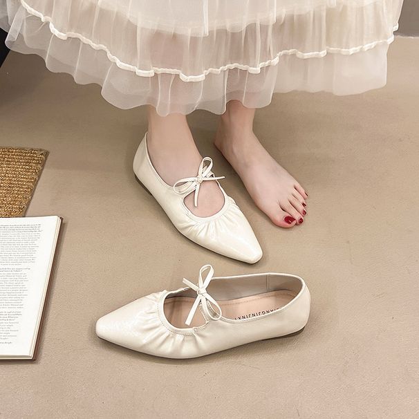 French Pleated Light Mouth Small Leather Shoes Women's Spring And Summer With Skirts Gentle Flat Shoes Bow Single Shoes Women_vogvips.com