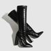Women's Shoes Sexy Crocodile Pattern High Heeled Riding Boots, Hot Girl Pointed Toe Patent Leather Chunky Heel Black Long Boots_vogvips.com