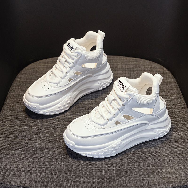 Leather Hollow Dad Shoes Women's Lightweight Inner Height Increase Casual Sports Shoes Platform Sandals_vogvips.com