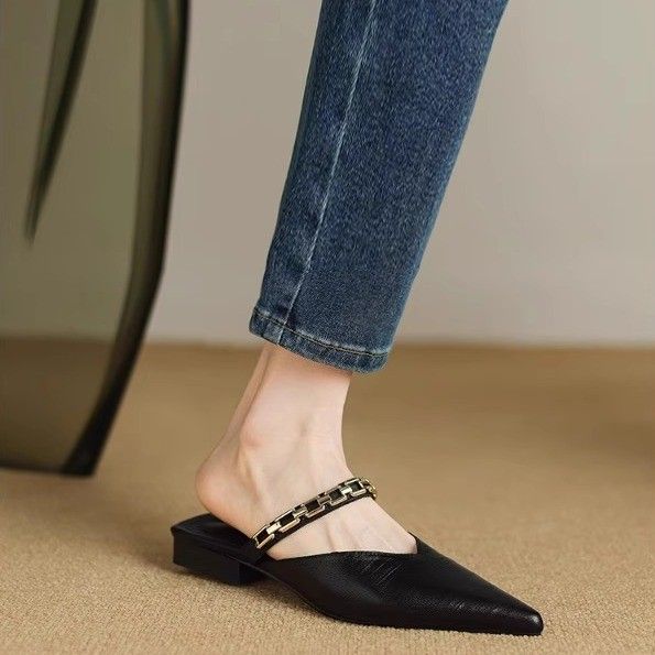 2025 Summer Women's Chain Strap Pointed Toe Low Heel Flat Sandals For Outdoor Wear, Woven Closed-Toe Mule Slippers_vogvips.com