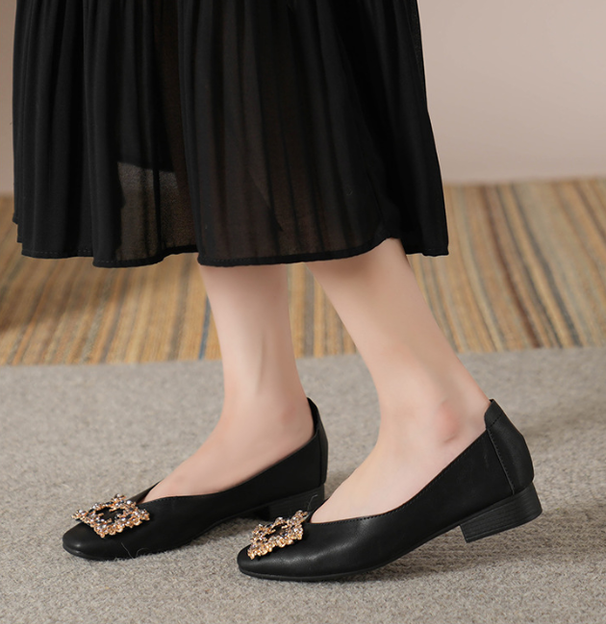 Square-toed Low-heel Shallow Single Shoes For Women, Soft Leather Mom 2025 Spring And Autumn Flat Work Shoes, Black_vogvips.com