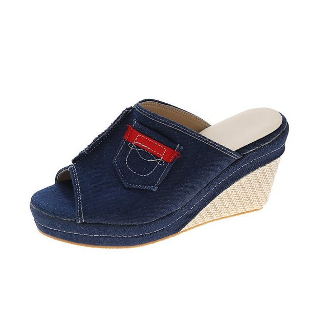 plus Size Women's Summer Sandals Wedge Heel Thick Sole Denim Outerwear Slippers_vogvips.com